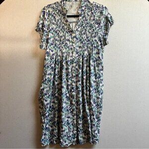 Blue Sky Floral Linen Bamboo short sleeve belted button dress Sz L